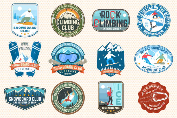 ilustrações, clipart, desenhos animados e ícones de conjunto de patches de clube de snowboard e escalada em rocha. vector. conceito de patch, camisa, impressão, carimbo. tipografia vintage com silhueta snowboarder, alpinista e montanha. esporte radical. - exploration mountain ice jumping