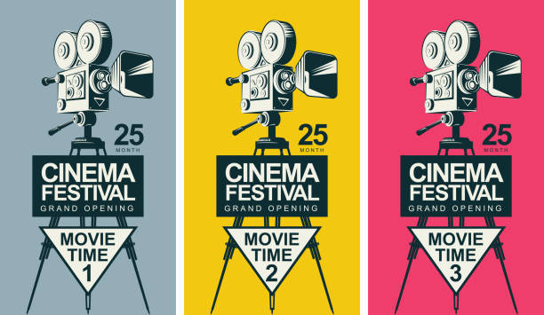 retro cinema festival poster with old movie camera Set of three vector posters for cinema festival with old fashioned movie camera on the tripod in retro style. Can be used for flyer, ticket, poster, web page. Movie time 1, movie time 2, movie time 3 vintage video camera stock illustrations
