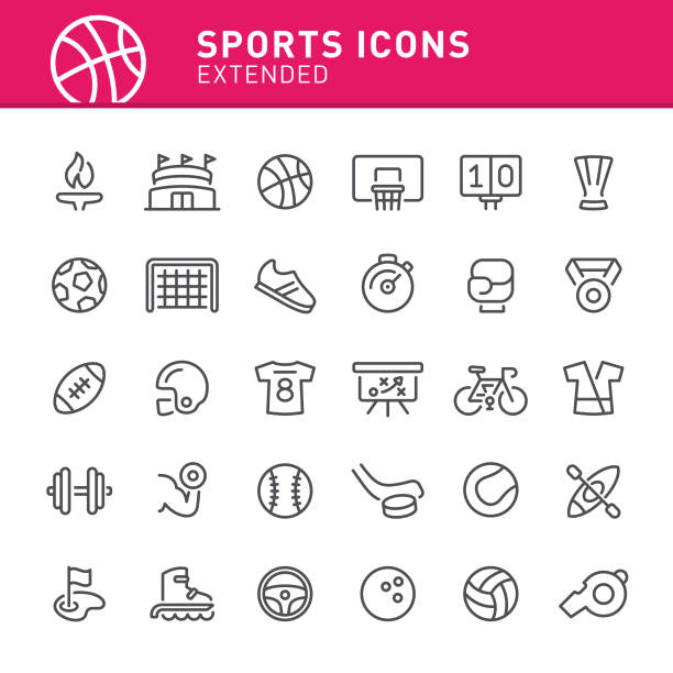 Sports Icons Sport, basketball, icon, icon set, Olympics, soccer, stadium, sports equipment football helmet and ball stock illustrations