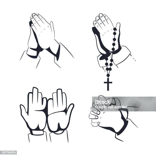 Praying Hands With Holy Rosary Beads Vector Icon Set Isolated On A White Background Stock Illustration - Download Image Now