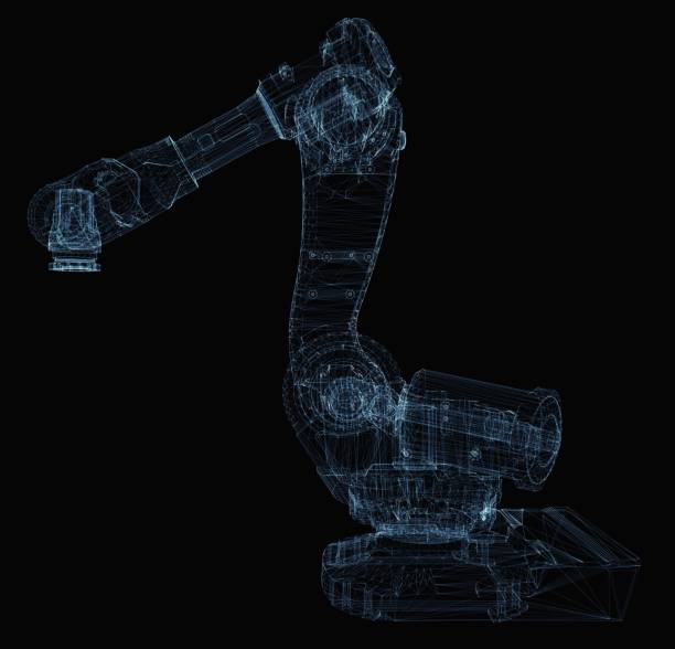 istock Industrial robot arm consisting of luminous lines 1077169216