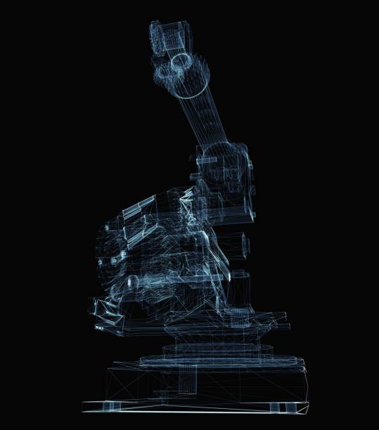 istock Industrial robot arm consisting of luminous lines 1077169312