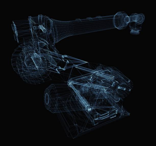 istock Industrial robot arm consisting of luminous lines 1077169434