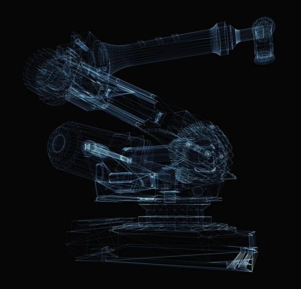 istock Industrial robot arm consisting of luminous lines 1077169462