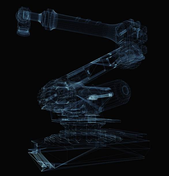 istock Industrial robot arm consisting of luminous lines 1077170600