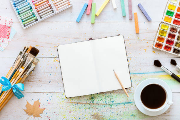 istock Flat style artistic design workspace, blank notebook mock up for creative sketches with watercolor paints, pencil, set of paintbrushes and cup of coffee on white wooden table, top view, copy space 1077171580