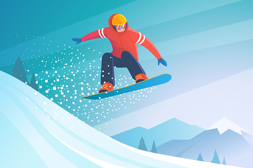 Vector illustration of jumping snowboarder in trendy flat style, isolated on snow mountains background.