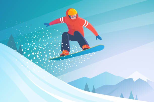 Snowboarding. Vector illustration of jumping snowboarder in trendy flat style, isolated on snow mountains background. landscape scenery clipart stock illustrations