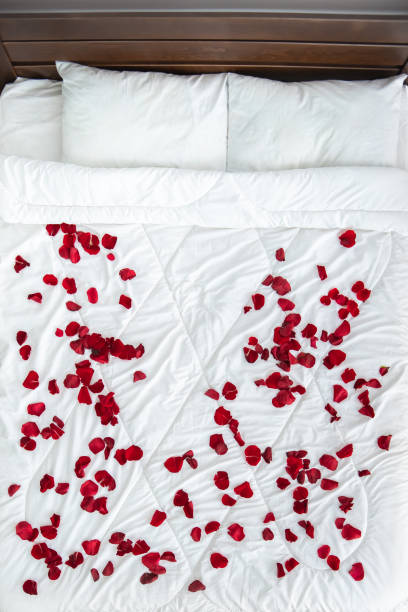 The bed with a rose petals. view from above