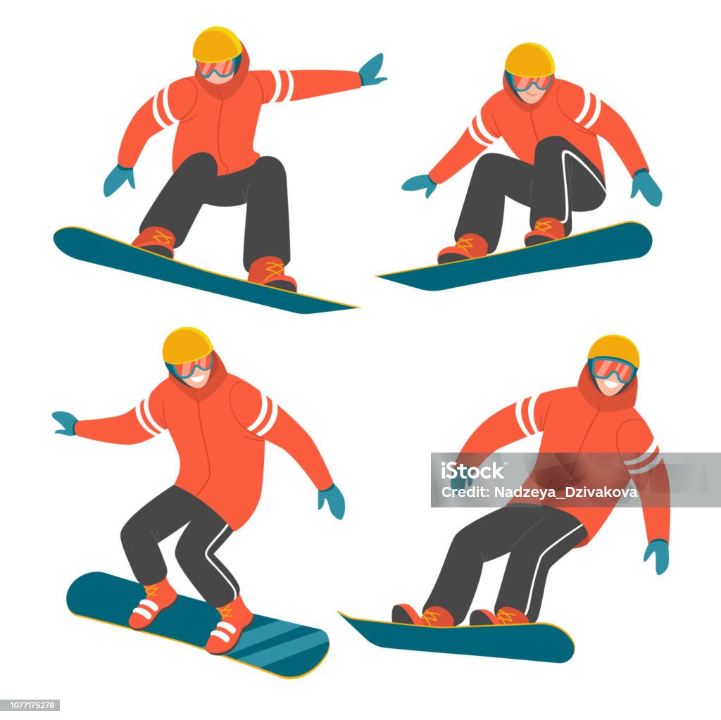 Snowboarding collection. Vector illustration of a man in red winter jacket in different poses in action on the snowboard. Isolated on white. Snowboarding stock vector