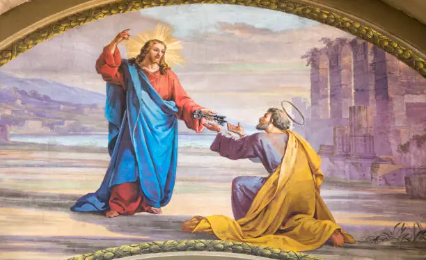 Modena - The fresco Jesus consigning the keys to Peter  in church Chiesa di San Pietro by Carlo Goldoni (1822-1874) and Ferdinando Man
