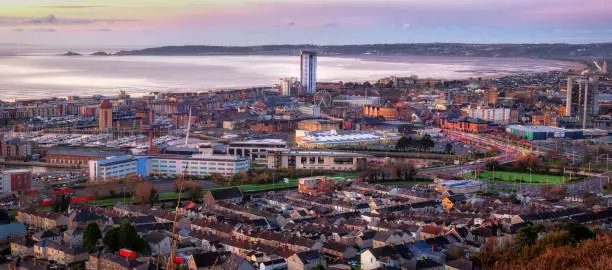 Editorial Swansea, UK - December 04, 2018: Daybreak and early morning traffic at Swansea city and the Bay area taken from Kilvey Hill December 2018