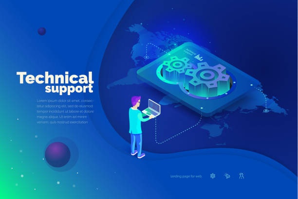 ilustraciones, imágenes clip art, dibujos animados e iconos de stock de soporte técnico. un hombre interactúa con un sistema de apoyo técnico. mapa global del mundo. soporte técnico en todo el mundo. estilo isométrico de la ilustración de vector moderno. - surveillance world map globe planet