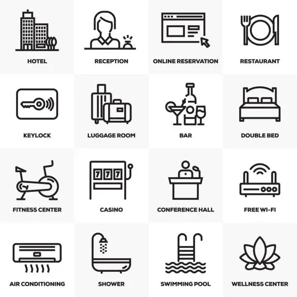 Vector illustration of HOTEL SERVICES LINE ICONS SET