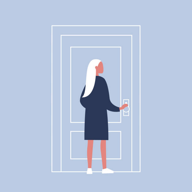 молодая женская героиня держит ручку двери. вход в здание. плоская редактируемая векторная иллюстрация, клип-арт - hall stand illustrations stock illustrations