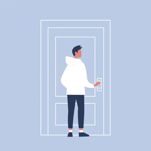 Vector illustration of Young character holding a door knob. Entering the building. Flat editable vector illustration, clip art