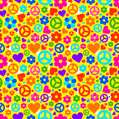 Hippie ornate background. Colorful seamless pattern with many object. Vector illustration