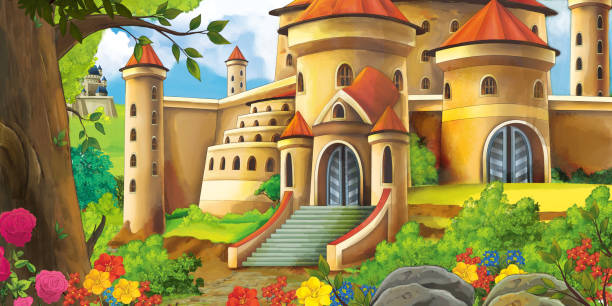 숲 근처 아름 다운 성곽 만화 자연 장면 - castle fairy tale palace forest stock illustrations