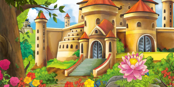 숲 근처 아름 다운 성곽 만화 자연 장면 - castle fairy tale palace forest stock illustrations