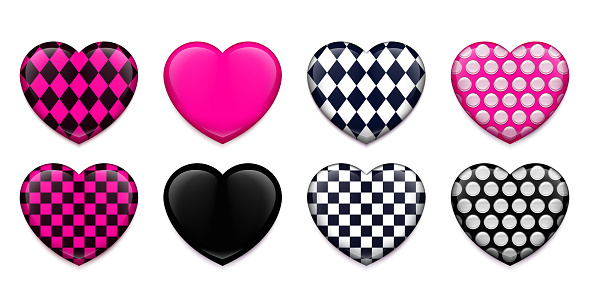 Pink and black color heart shaped badges, Accessory for youth subculture Emo. Vector illustration