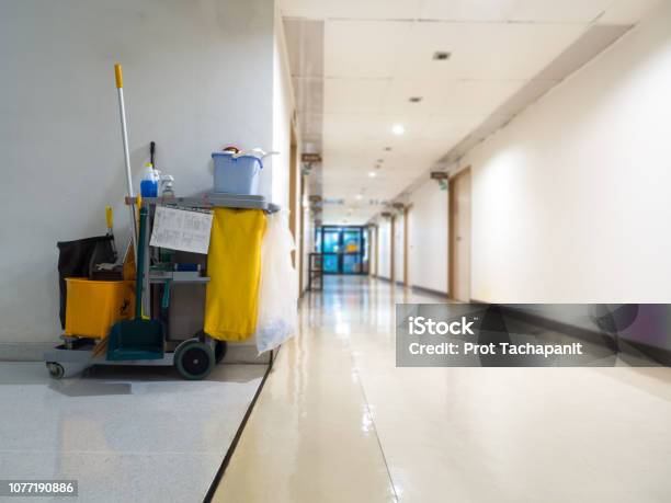 Cleaning Tools Cart Wait For Maid Or Cleaner In The Hospital Bucket And Set Of Cleaning Equipment In The Hospital Concept Of Service Worker And Equipment For Cleaner And Health Stock Photo - Download Image Now