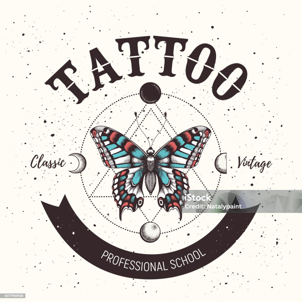 Tattoo school poster. Banner with mystical butterfly tattoo and orbiting moon. Geometry style. Tattoo school poster. Banner with mystical butterfly tattoo and orbiting moon. Geometry style. Illustration for tattoo parlor, school, studio Sketch stock vector