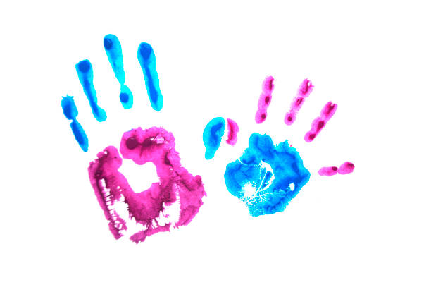 istock Pink and blue child's handprints isolated on white. 1077194796
