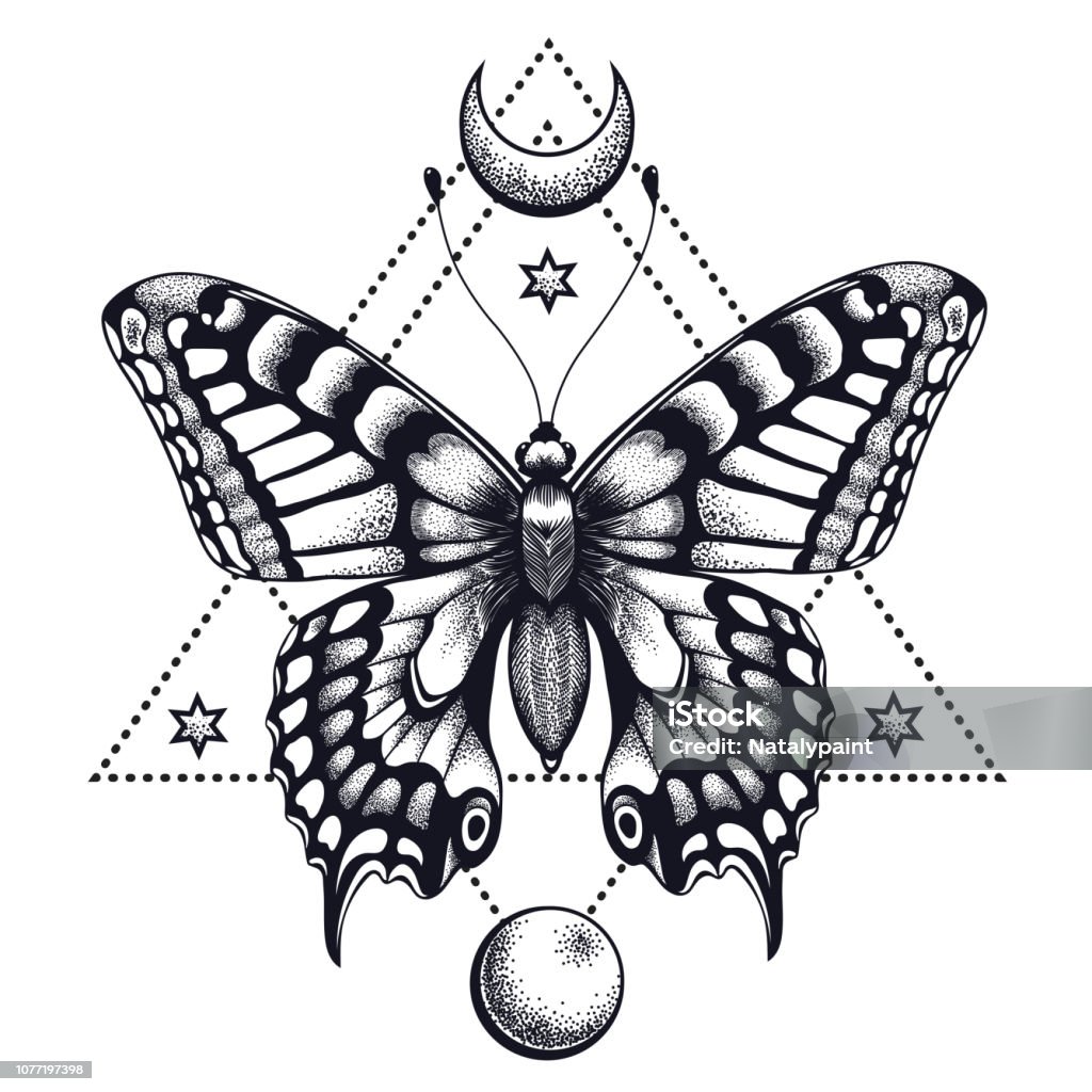 Butterfly In Triangle Half Moon And Moon Tattoo Design Mystical Symbol Of  Soul Immortality Rebirth And Resurrection Stock Illustration - Download  Image Now - iStock