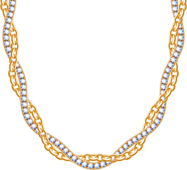 Vector illustration of Chunky chain golden metallic necklace or bracelet with diamonds.