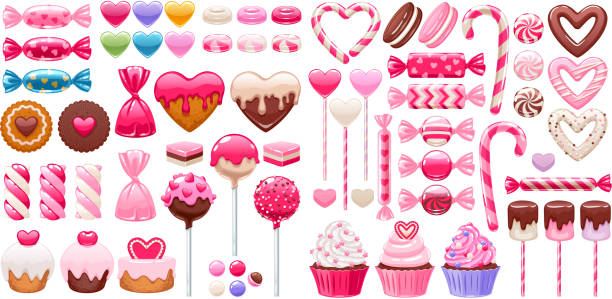 ilustraciones, imágenes clip art, dibujos animados e iconos de stock de set dulces de san valentín. caramelos surtidos. - chocolate chocolate candy cupcake pink