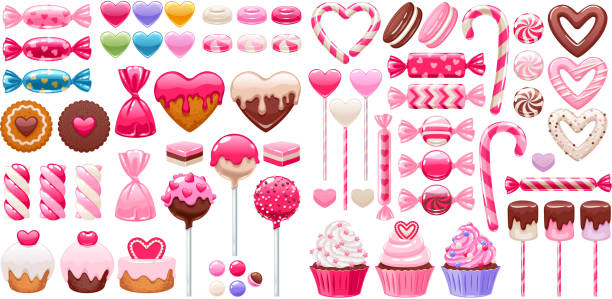 ilustrações, clipart, desenhos animados e ícones de dia dos namorados doces definido. balas sortidas. - cupcake chocolate icing candy