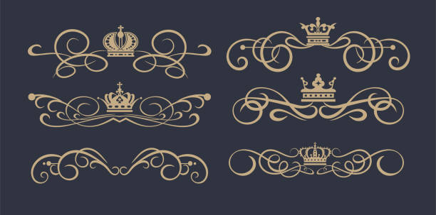 векторный набор элементов каллиграфического золота винтажного стиля - crown frame gold swirl stock illustrations