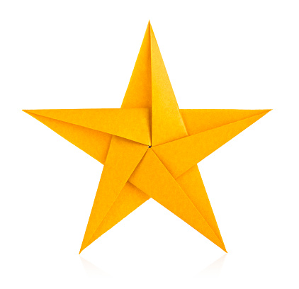 Golden star of origami, isolated on white background.