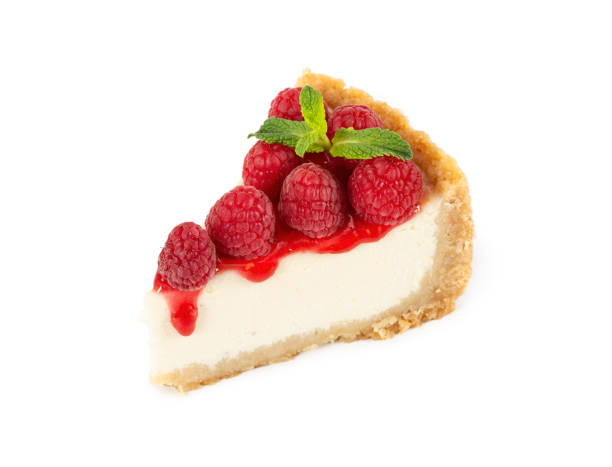 istock Piece of cheesecake with raspberries and mint isolated on white 1077207384