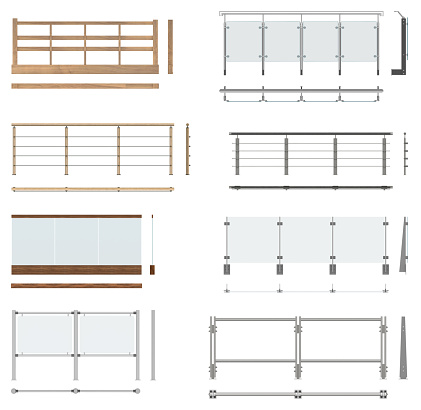 Set of railing fences. Front view, top view, side view.