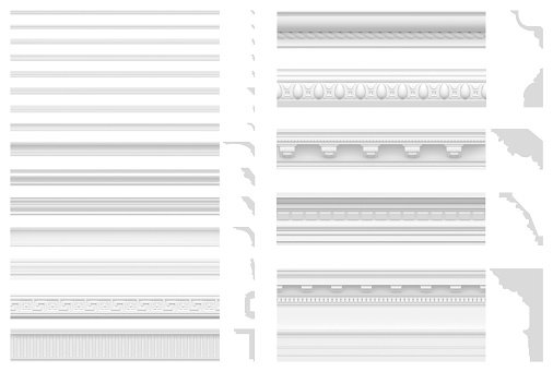 Conjunto de cornisas y frisos aislados sobre fondo blanco. Visualización 3D de estuco de yeso. photo