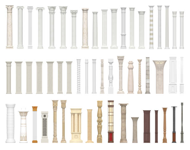 A set of columns and pillars of different styles. Architectural warrant isolated on white background. 3D visualization. doric stock pictures, royalty-free photos & images