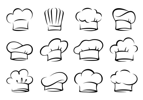 ilustraciones, imágenes clip art, dibujos animados e iconos de stock de conjunto de sombreros de chef y cocinero - accesorio de cabeza