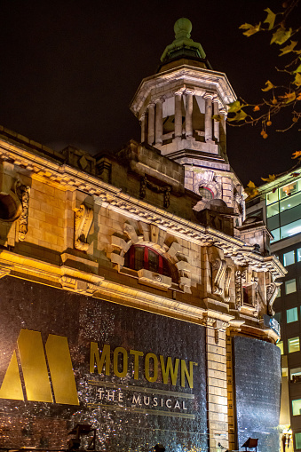 The outside advertising for the Motown Story, on at the Shaftesbury Theatre on Shaftesbury Avenue, London, England, UK. This is taken at night at the end of November 2018.