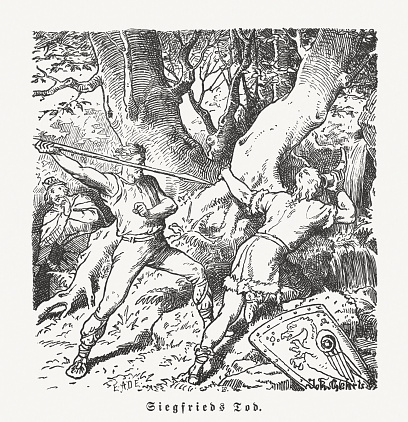 Hagen murders Siegfried. Szene from the Song of the Nibelungs (German: Nibelungenlied). Wood engraving after a drawing (1883) by Johannes Gehrts (German painter, 1855 - 1921), published in 1900.