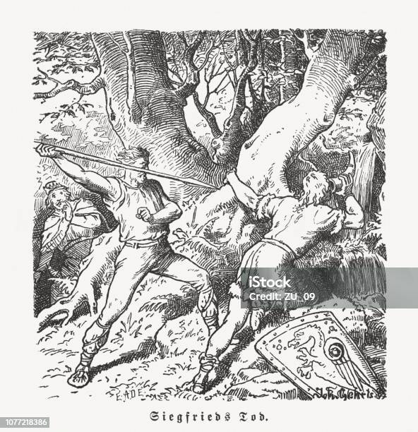 Hagen Murders Siegfried Wood Engraving Published In 1900 Stock Illustration - Download Image Now