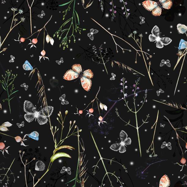 illustrations, cliparts, dessins animés et icônes de vector aquarelle transparente motif avec les fleurs sauvages, des baies d’églantier, des papillons bleus et blancs, des flocons de neige sur fond sombre. - butterfly backgrounds seamless pattern