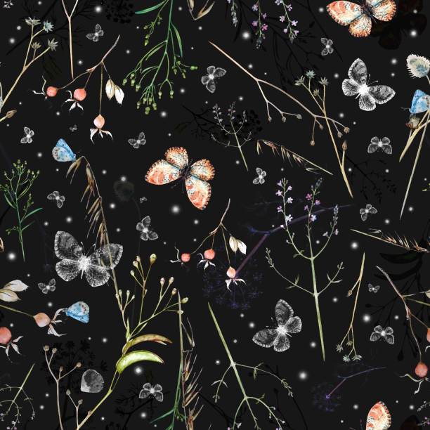 벡터와 야생화, 로즈 힙 열매, 파란색과 흰색 나비, 눈 조각 어두운 배경에 수채화 완벽 한 패턴입니다. - butterfly backgrounds seamless pattern stock illustrations