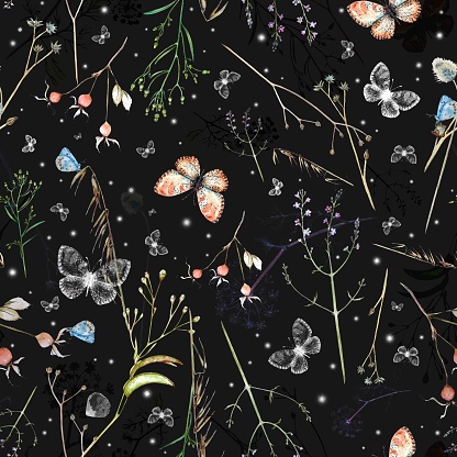 Vector watercolor seamless pattern with wildflowers, rosehip berries,  blue and white butterflies, snow flakes  on dark  background.