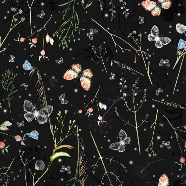 Vector illustration of Vector watercolor seamless pattern with wildflowers, rosehip berries,  blue and white butterflies, snow flakes  on dark  background.