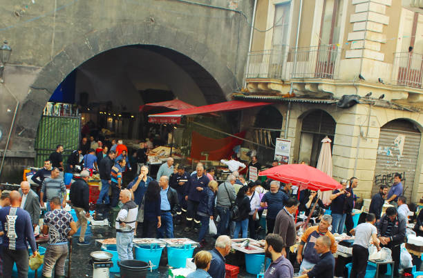 Crowded fish market of Catania stock photo