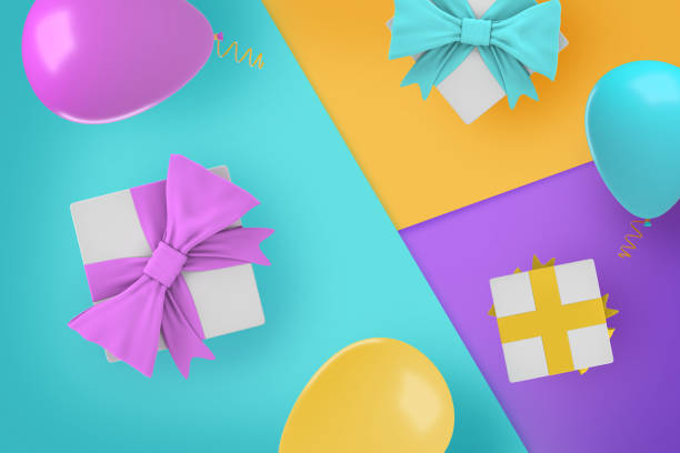 istock 3d rendering of a several gift boxes and party balloons of contract colors on contrast background sections. 1077218708