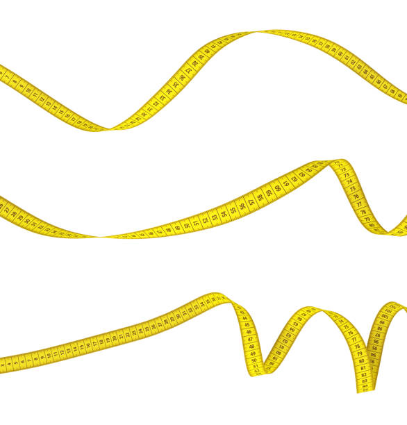 rendering 3d di tre nastri di misura gialli arricciati su uno sfondo bianco. - tape measure centimeter ruler instrument of measurement foto e immagini stock