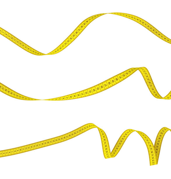 3d rendering of three yellow measuring tapes lying curled on a white background. stock photo