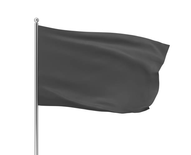 istock 3d rendering of black flag hanging on post and wavering on a white background. 1077218878